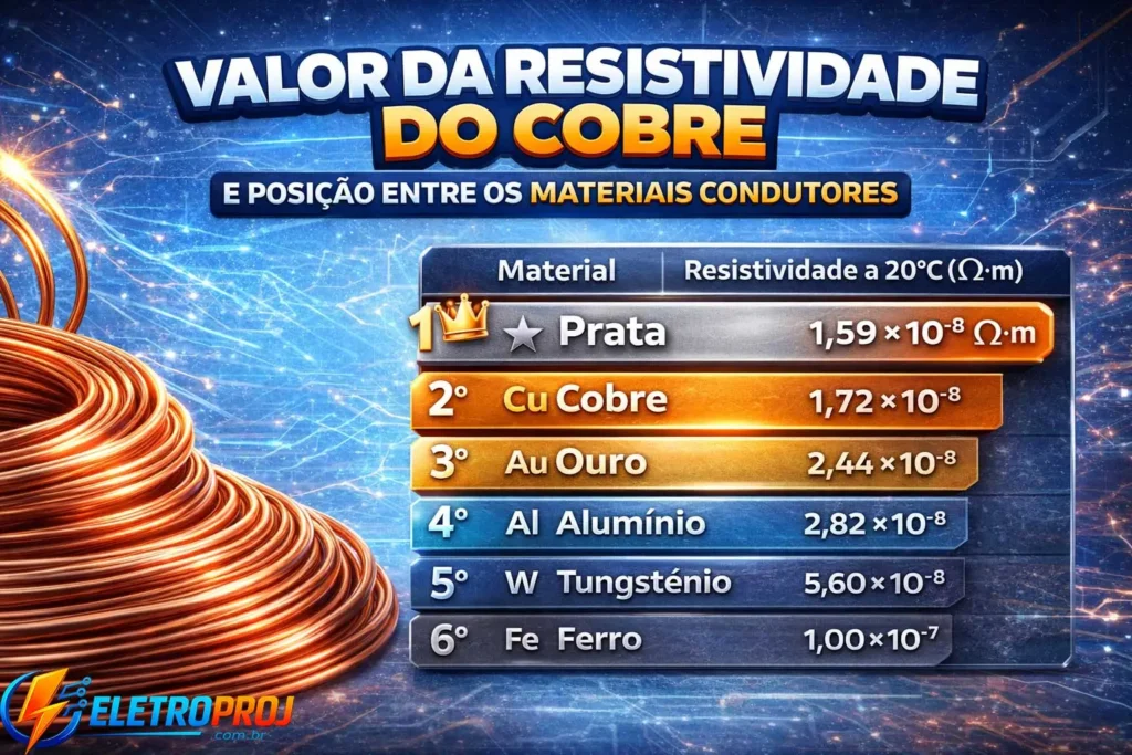 Tabela de resistividade dos materiais com cobre prata ouro alumínio tungstênio e ferro a 20 graus