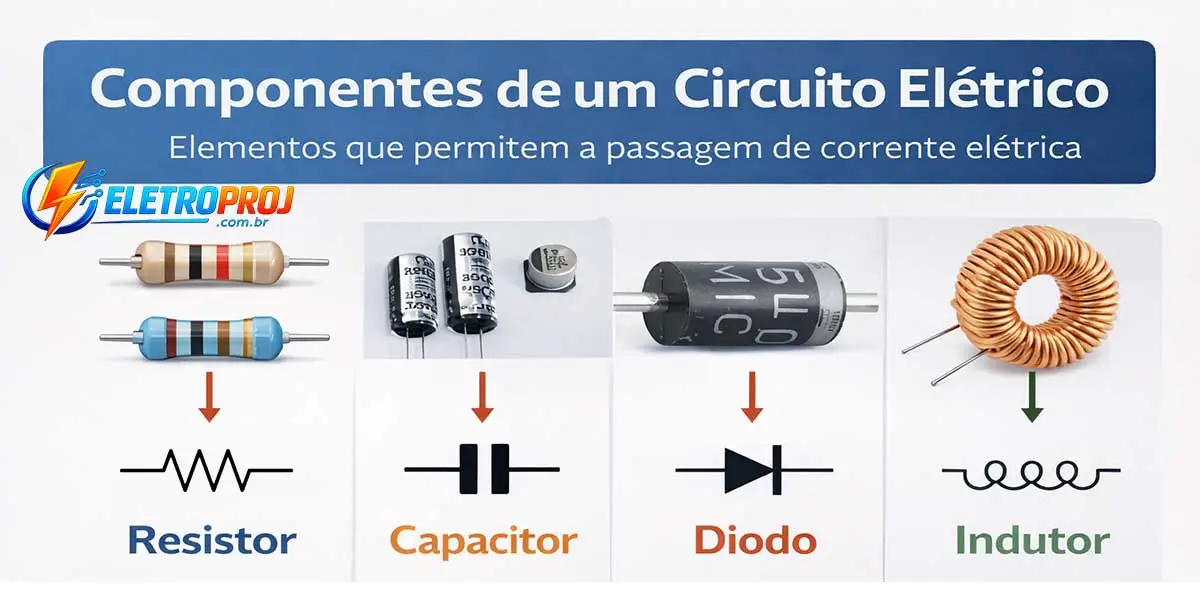 Infográfico mostrando os principais componentes de um circuito elétrico, incluindo fonte de energia, condutor, resistor, capacitor, diodo, indutor e transistor, com símbolos elétricos e descrição das funções.