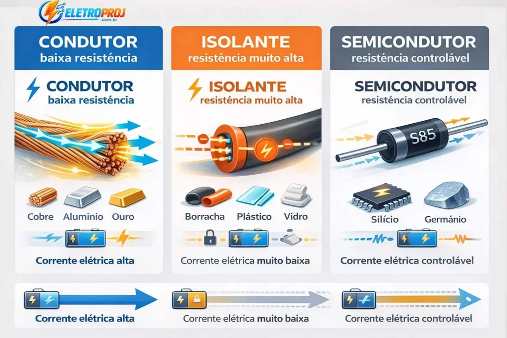 Infográfico comparando condutor, isolante e semicondutor, mostrando como a resistência elétrica varia e como a corrente elétrica se comporta em cada material.