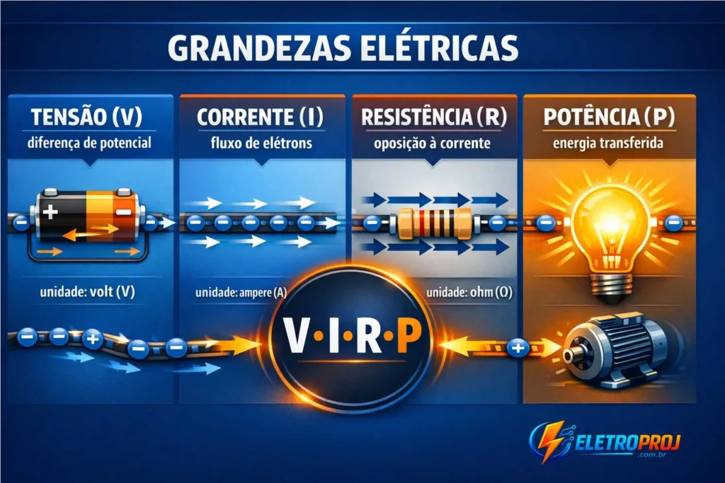 Infográfico explicando as principais grandezas elétricas: tensão, corrente, resistência e potência, com ícones e unidades de medida volt, ampere, ohm e watt.
