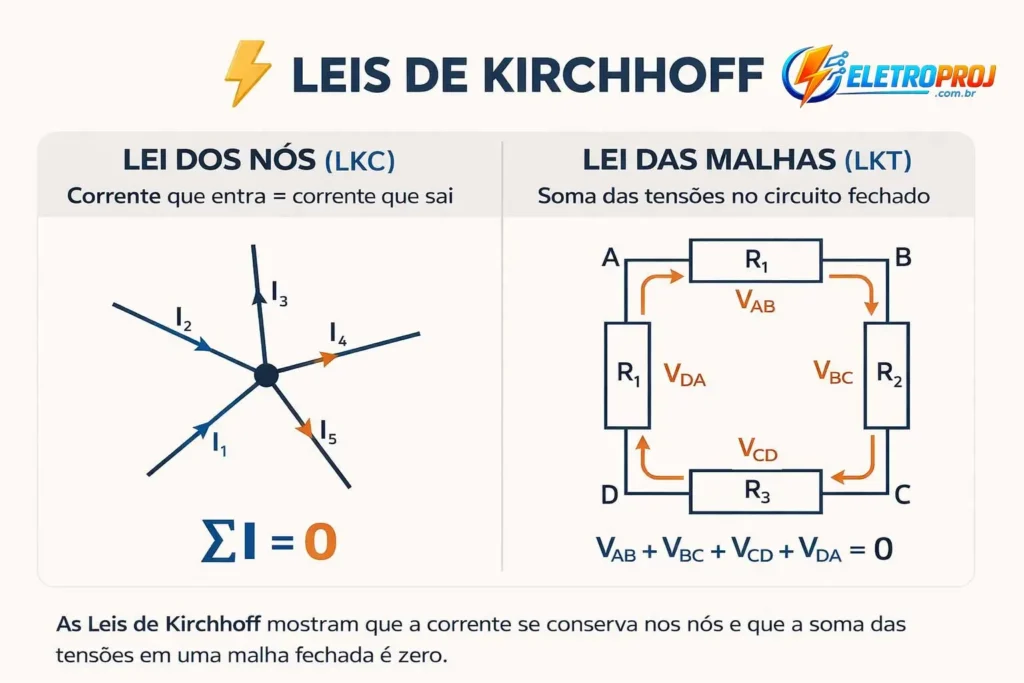 Infográfico explicando as Leis de Kirchhoff com diagrama da Lei dos Nós mostrando correntes entrando e saindo de um nó e diagrama da Lei das Malhas com circuito fechado contendo resistores e soma das tensões igual a zero.