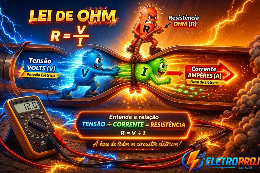 Ilustração didática da Lei de Ohm mostrando tensão (V) empurrando a corrente (A) enquanto a resistência (R) dificulta a passagem em um condutor estreito.