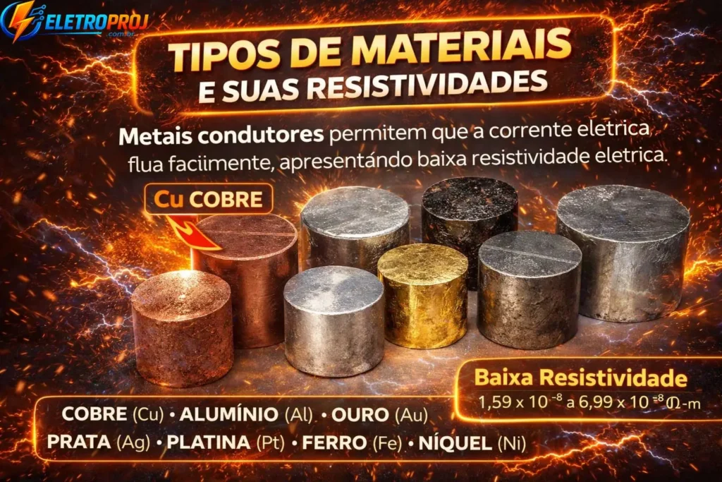 Metais condutores elétricos representados por cilindros metálicos, destacando cobre, alumínio, ouro, prata, platina, ferro e níquel como materiais de baixa resistividade elétrica.