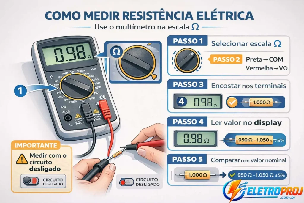 Infográfico mostrando como medir resistência elétrica usando multímetro digital na escala de ohms, com pontas de prova conectadas a um resistor e etapas explicativas numeradas.