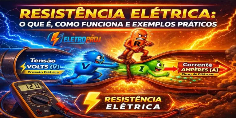 Infográfico da Lei de Ohm mostrando resistência elétrica como um boneco puxando uma corda no cano, dificultando a passagem da corrente enquanto a tensão empurra. Título da imagem: