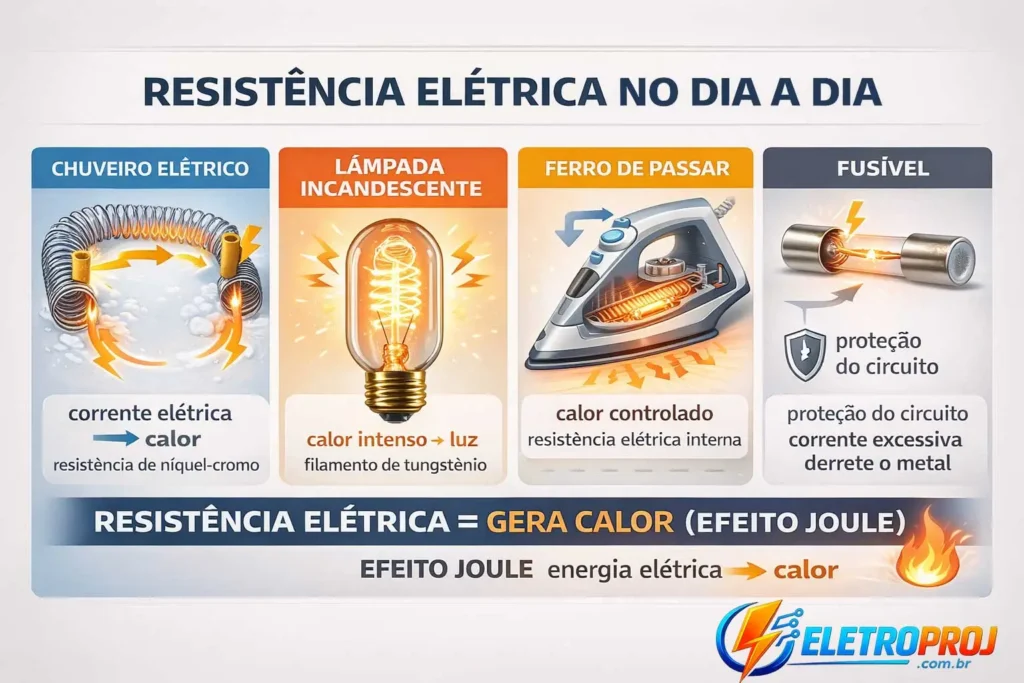 Infográfico mostrando exemplos de resistência elétrica no dia a dia: chuveiro elétrico, lâmpada incandescente, ferro de passar e fusível, explicando o efeito Joule e a conversão de energia elétrica em calor.