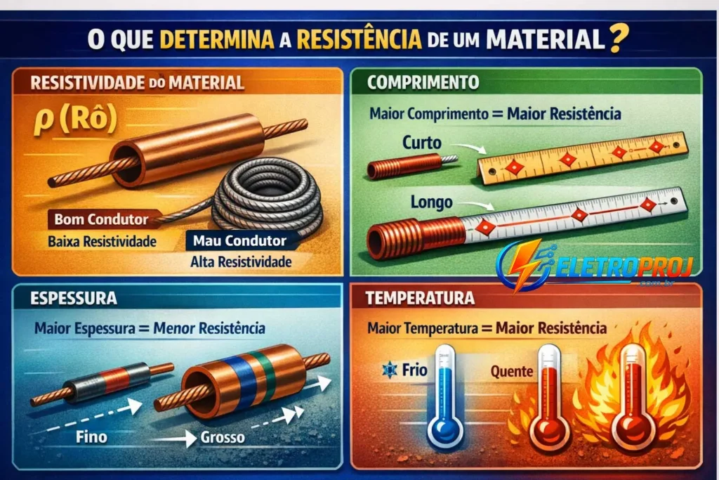 Infográfico explicando o que determina a resistência elétrica de um material, mostrando quatro fatores: resistividade do material (ρ), comprimento do condutor, espessura do fio e temperatura, com comparações visuais entre fio curto e longo, fino e grosso, e temperatura fria e quente.