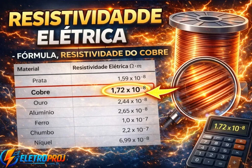 Imagem destacada estilo thumbnail mostrando tabela de resistividade elétrica de materiais, com destaque para o cobre (1,72 × 10⁻⁸ Ω·m), ilustração de fio de cobre ampliado e efeitos de eletricidade ao fundo.