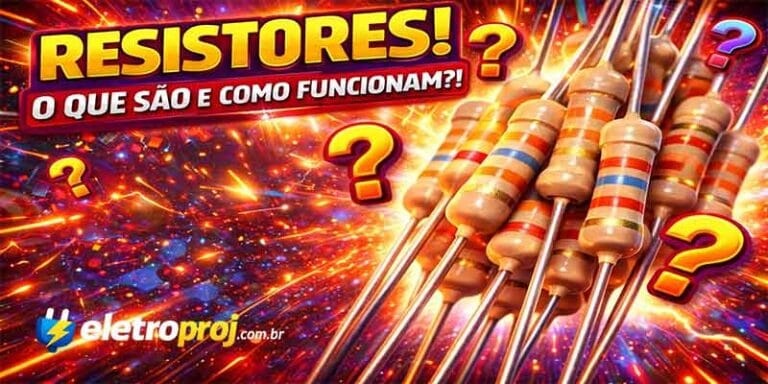 Imagem vibrante estilo thumbnail mostrando vários resistores com faixas coloridas, efeitos de energia elétrica, diagrama simples de circuito e elementos chamativos como pontos de interrogação.