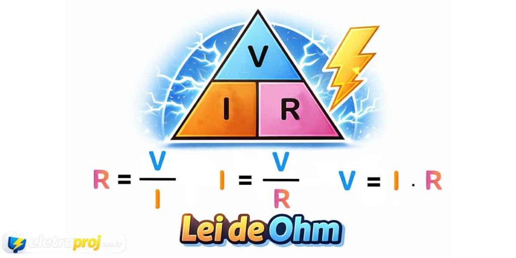 Lei de Ohm ilustrada com pirâmide mostrando tensão (V), corrente (I) e resistência (R) e as fórmulas R = V/I, I = V/R e V = I × R