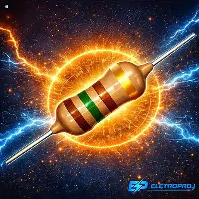 Resistor com código de cores sendo destacado por energia elétrica e descargas ao redor, representação visual do cálculo de resistência elétrica