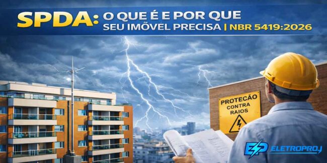 Prédio residencial com sistema SPDA instalado, captor tipo Franklin no topo, com destaque para atualização da norma NBR 5419:2026.