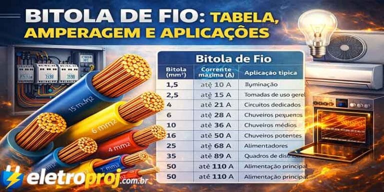 Tabela de bitola de fios elétricos com valores corretos de corrente máxima e aplicações típicas, acompanhada de ilustração de cabos de cobre e equipamentos elétricos.