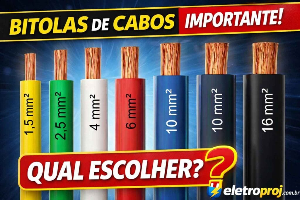 Cabos elétricos de diferentes bitolas (1,5 mm² a 16 mm²) com condutores de cobre expostos, comparando espessuras para escolha correta em instalações elétricas.