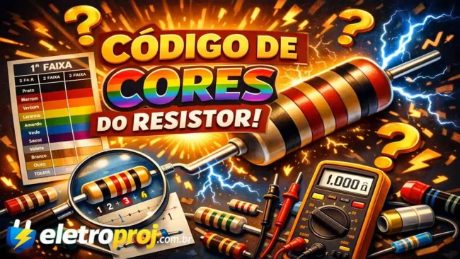 Código de cores do resistor: como identificar valores facilmente Imagem ilustrativa colorida explicando o código de cores do resistor com tabela de cores, resistor em destaque e multímetro digital.
