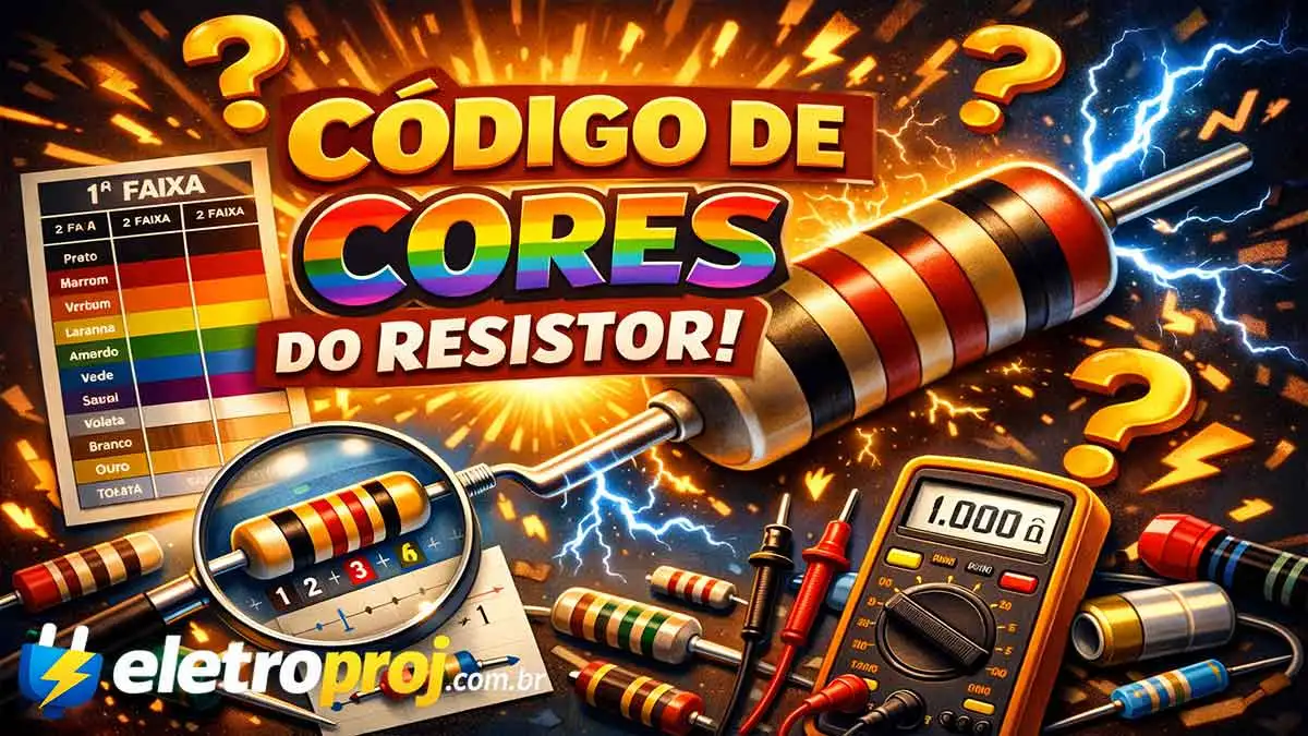 Imagem ilustrativa colorida explicando o código de cores do resistor com tabela de cores, resistor em destaque e multímetro digital.