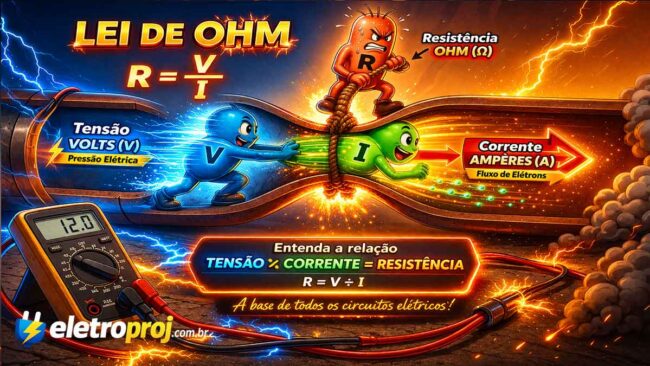 Ilustração colorida e dinâmica da Lei de Ohm mostrando tensão, corrente e resistência com personagens interagindo e a fórmula R = V ÷ I em destaque.