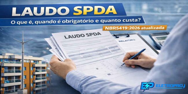 Engenheiro elaborando laudo SPDA com prédio ao fundo contendo sistema de para-raios tipo Franklin instalado na cobertura.