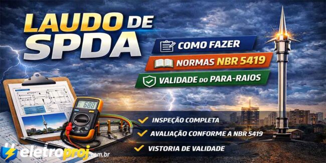 Laudo de SPDA com para-raios em edifício, inspeção técnica conforme NBR 5419 e medição de aterramento