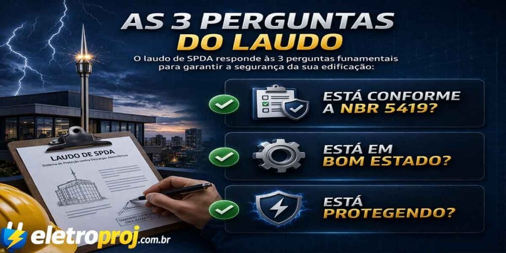 3 perguntas do laudo de SPDA conforme NBR 5419 verificação estado proteção sistema para raios