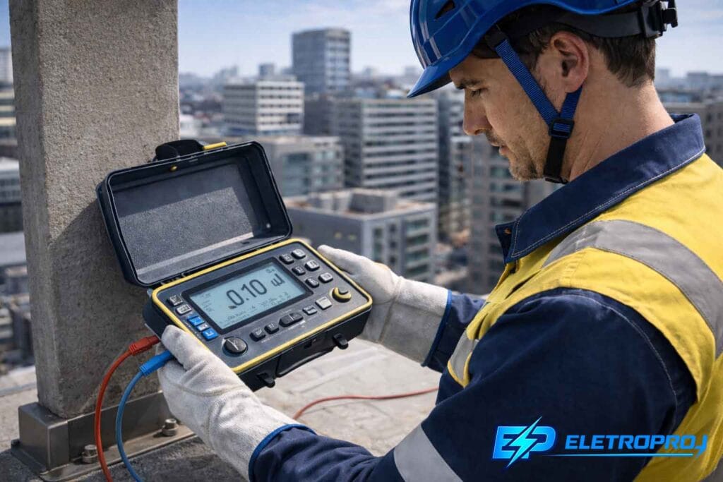 Engenheiro eletricista realizando ensaio de continuidade em condutor do SPDA utilizando micro-ohmímetro em cobertura de edifício.
