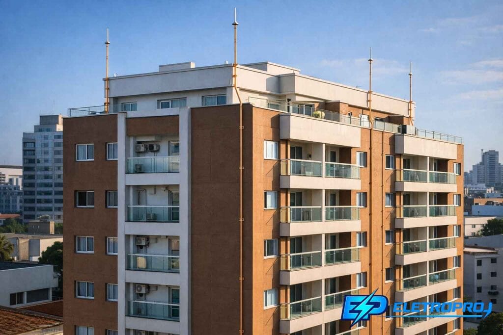 Edifício residencial com sistema SPDA visível, incluindo captores tipo Franklin no topo e condutores de descida na fachada.