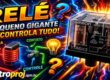 Imagem vibrante estilo thumbnail mostrando um relé eletromecânico transparente com bobina e contatos internos visíveis, acompanhado de diagrama ilustrativo, efeitos elétricos intensos e elementos visuais chamativos com pontos de interrogação.