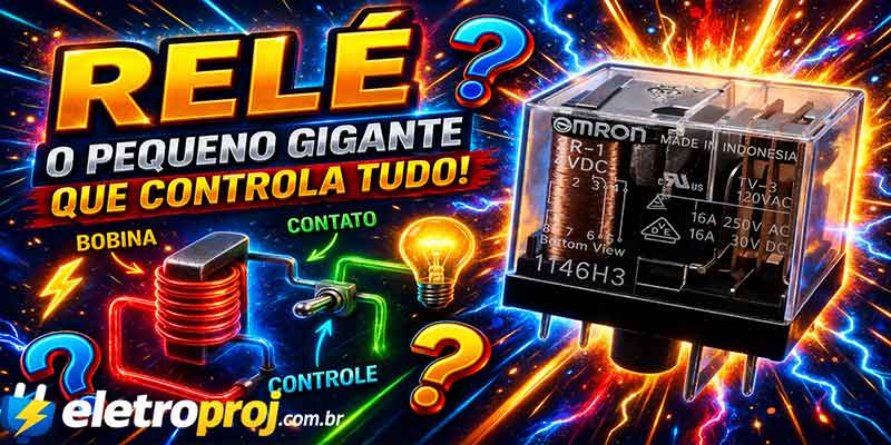 Imagem vibrante estilo thumbnail mostrando um relé eletromecânico transparente com bobina e contatos internos visíveis, acompanhado de diagrama ilustrativo, efeitos elétricos intensos e elementos visuais chamativos com pontos de interrogação.