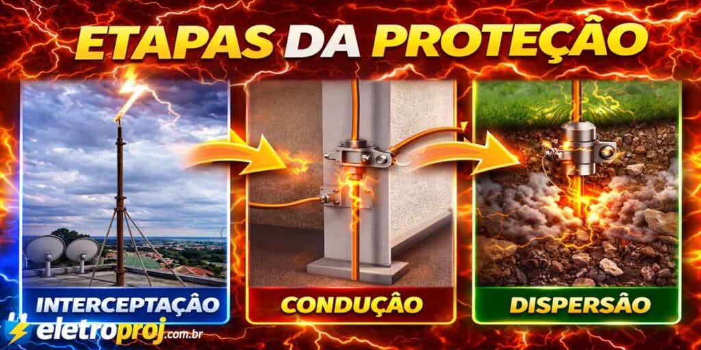 Infográfico em estilo thumbnail mostrando as três etapas da proteção contra raios: interceptação com haste captando descarga, condução da corrente pela estrutura e dispersão no solo através do aterramento, com setas indicando o fluxo.