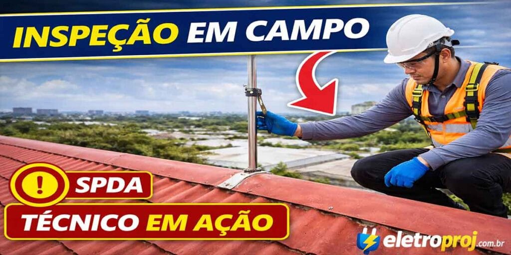 Técnico realizando inspeção de SPDA em telhado, verificando captor e estrutura do sistema de para-raios com uso de EPI em trabalho em altura.