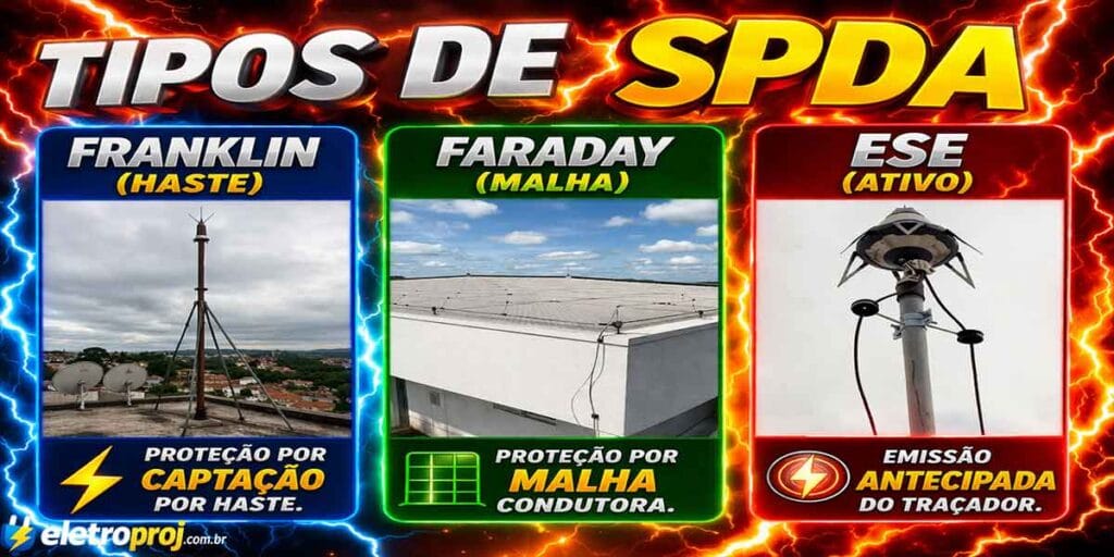 Infográfico chamativo sobre a norma NBR 5419 dividido em quatro partes: Parte 1 Princípios, Parte 2 Risco, Parte 3 Estrutura e Parte 4 Eletrônicos, com fundo de raios e destaque visual em cores vibrantes.