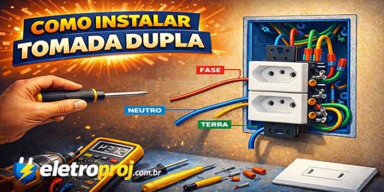 Ilustração mostrando como instalar tomada dupla padrão brasileiro com identificação dos fios fase, neutro e terra.