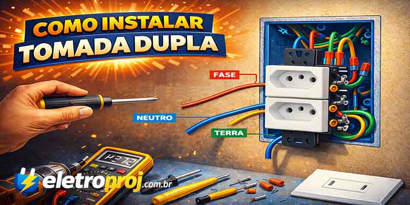Ilustração mostrando como instalar tomada dupla padrão brasileiro com identificação dos fios fase, neutro e terra.