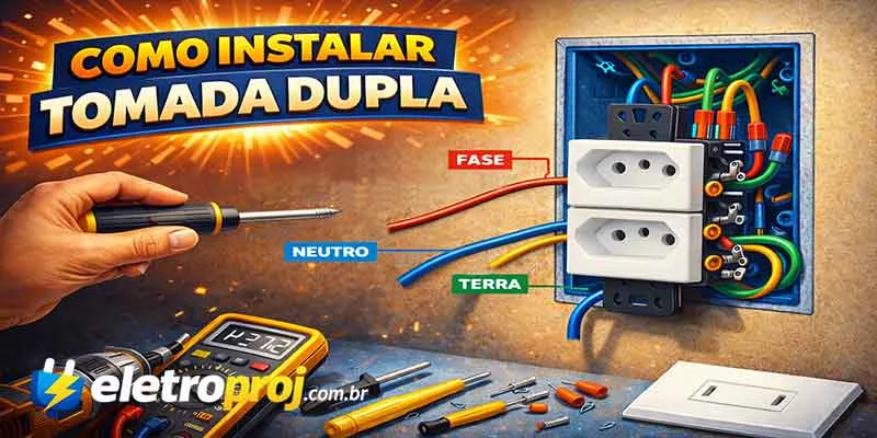 Ilustração mostrando como instalar tomada dupla padrão brasileiro com identificação dos fios fase, neutro e terra.