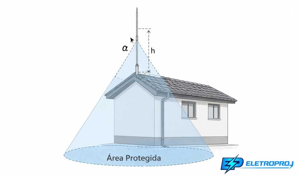 Diagrama técnico mostrando o cone de proteção de um para-raios tipo Franklin instalado no topo de uma edificação, com o volume protegido representado por um cone translúcido, indicando o ângulo de proteção alfa e a altura h do captor.
