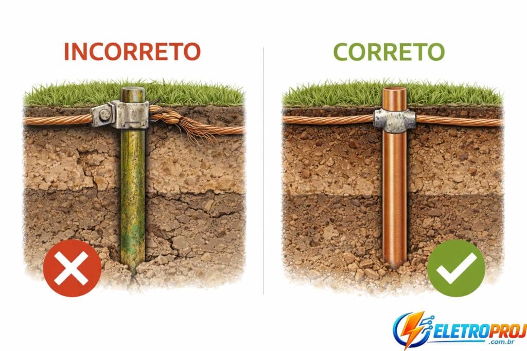 Ilustração comparando instalação incorreta e correta de haste de aterramento para SPDA. À esquerda, haste corroída com conexão frouxa e cabo danificado. À direita, haste cobreada limpa com conexão por solda exotérmica e solo compactado.