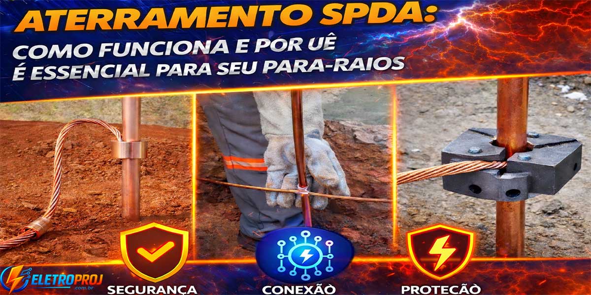 Sistema de aterramento SPDA com haste de cobre, conexões equipotenciais e condutor de descida, ilustrando como o aterramento dissipa a corrente do para-raios com segurança.
