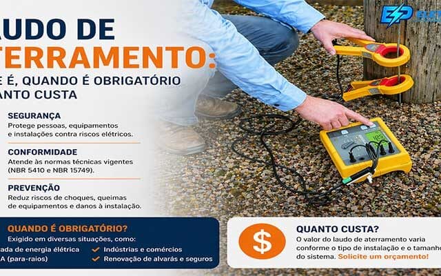 Equipamento medindo aterramento elétrico para emissão de laudo técnico conforme normas brasileiras.