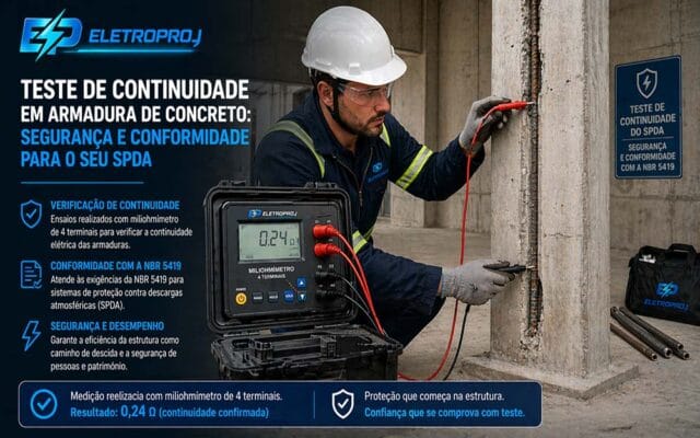 Teste profissional de continuidade em SPDA com emissão de laudo técnico de aterramento e inspeção.