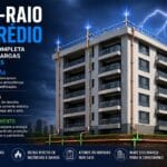 Sistema de para-raios em prédio com captação no topo, condutores de descida na fachada e aterramento no solo durante tempestade com raios.