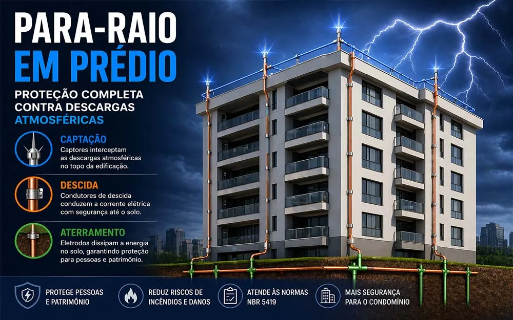 Sistema de para-raios em prédio com captação no topo, condutores de descida na fachada e aterramento no solo durante tempestade com raios.