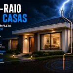 Casa protegida com para-raio para casas, mostrando captor no telhado, condutor de descida e aterramento durante tempestade com raios.