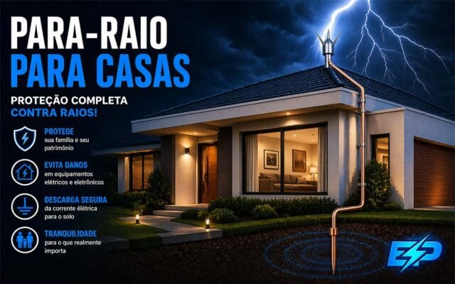 Casa protegida com para-raio para casas, mostrando captor no telhado, condutor de descida e aterramento durante tempestade com raios.