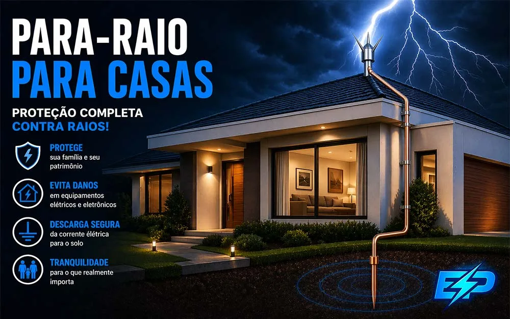 Casa protegida com para-raio para casas, mostrando captor no telhado, condutor de descida e aterramento durante tempestade com raios.