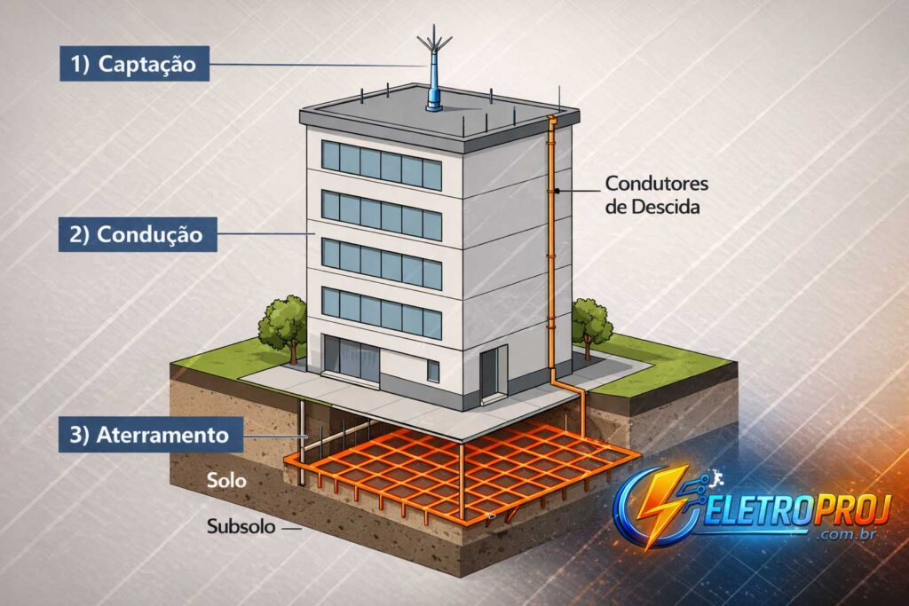 Diagrama técnico do SPDA mostrando sistema de proteção contra descargas atmosféricas em prédio com captação no topo, condutores de descida nas laterais e malha de aterramento no solo