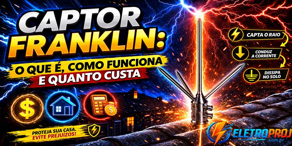 captor-franklin-destaque Captor Franklin instalado no topo do telhado recebendo descarga atmosférica, com raios e efeitos elétricos destacando o funcionamento do sistema de proteção contra descargas atmosféricas.