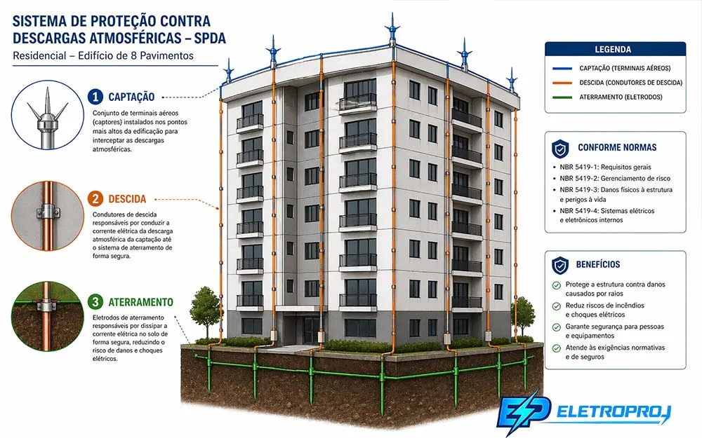 Para-Raio em Prédio residencial de 8 andares com captores no topo, condutores de descida na fachada e eletrodos de aterramento no solo.