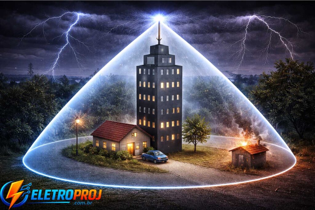Ilustração mostrando o cone de proteção de um captor Franklin instalado no topo de um prédio, com área protegida representada por um volume cônico semi-transparente.