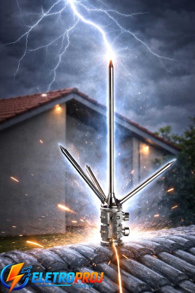 Captor Franklin instalado no topo do telhado recebendo descarga atmosférica, destacando o ponto de captação do sistema de proteção contra raios.