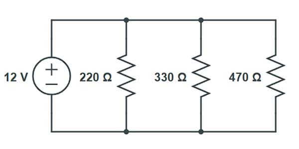 Circuito com resistores de 220Ω, 330Ω e 470Ω ligados em paralelo a uma fonte de 12V
